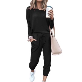 Fixmatti Womens 2 Piece Outfit Sweatsuit Casual T-Shirt Long Pant Sport Set Black L