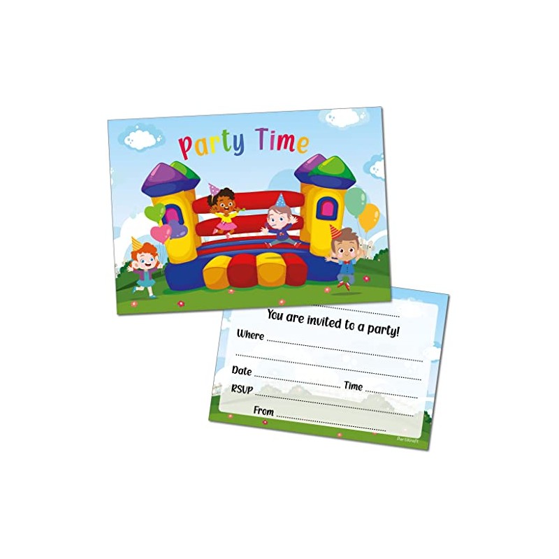 12 x Bouncy Castle Birthday Party Invitations with Blue Envelopes