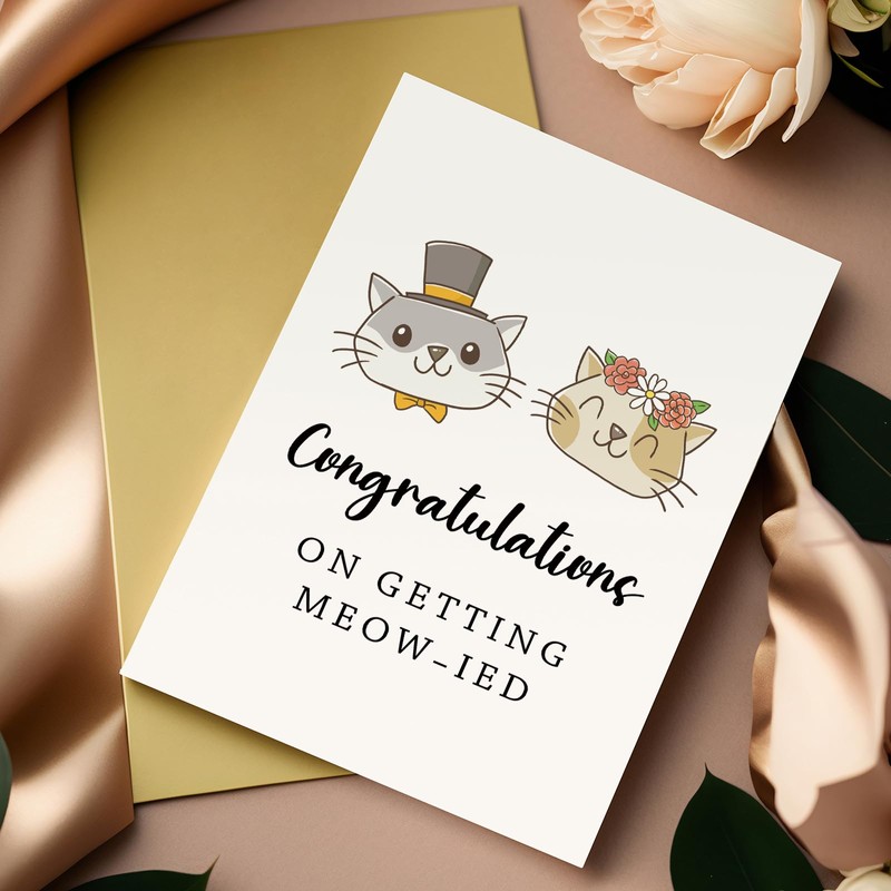 Funny Cat Wedding Card for Newlywed Couple, Just Married Pun
