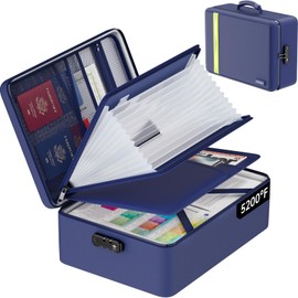 5200℉ Fireproof Document Bag, Plenty of Pockets, Waterproof Zipper Document Box with Lock, 4-Layer Important Document Organizer, Portable Home Travel Office Safe Box, Blue