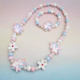 YKKJ Wooden Children's Jewellery Set, Unicorn Friendship Bracelet, Unicorn Beads Necklace and Bracelet, Gift for Girls, Birthday Party, Dress Up Costume Accessory