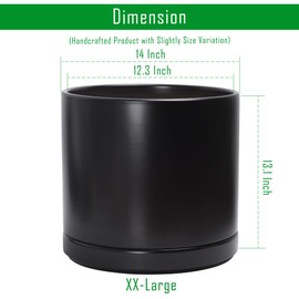 D'vine Dev 14 Inch Ceramic Planter Pot with Drainage Hole and Saucer, Indoor Cylinder Round Planter Pot, Black, 94-O-G-2