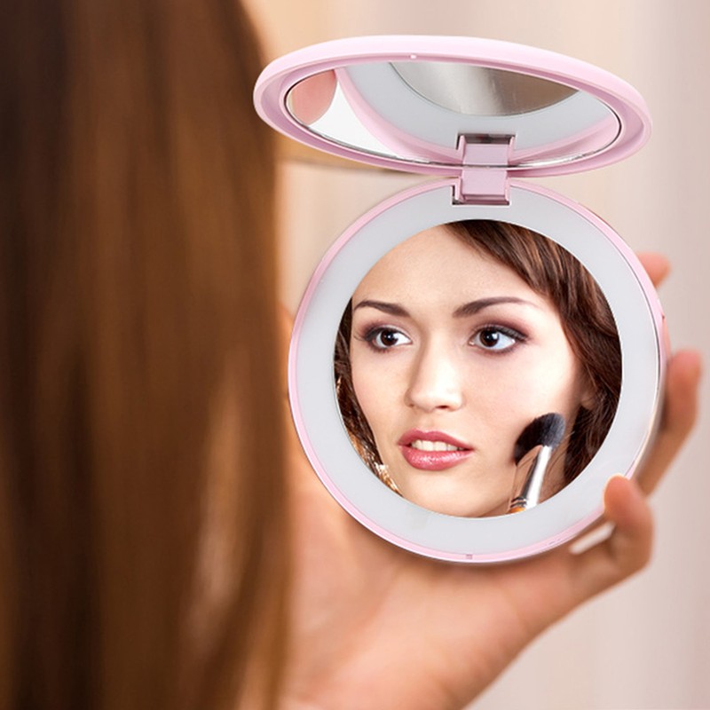 LED Compact Mirror Round Shape 3X Magnification Rechargeable Double Sided
