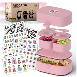 MOCADA® Bento Box for Children Includes 216 Piece Sticker Set - BPA Free - Leak-proof Lunch Box with Cutlery & Compartments - Sustainable Non-Toxic Lunch Box for Nursery, School & Travel (Pink)