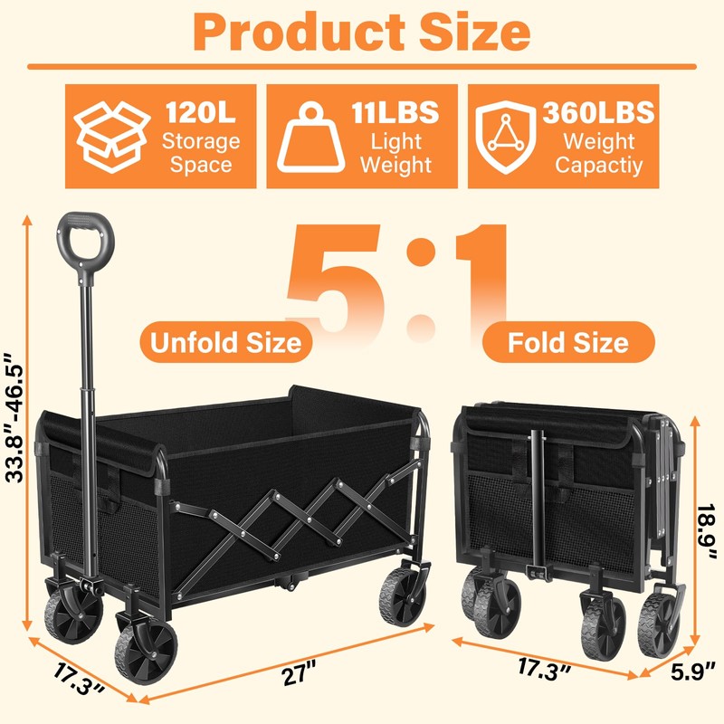 Wagons Carts Foldable,360lbs Collapsible Wagon with Wheels, Lightweight Foldable Wagon
