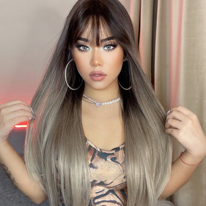 Long Black Wig Human Hair with Bangs and Wig Cap