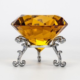 60MM(2.36") Crystal Diamond Paperweight with Metal Base Stand, Diamond Shaped Crystal Jewel Paperweight Glass Decoration for Home Office Wedding (Amber w/Metal Stand)
