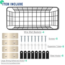 4 Pack Hanging Wall Basket Wire Storage Baskets, Adhesive Basket for Cabinet Door Organizer(2 Wall Mounting Options), Hanging Fruit Baskets for Kitchen, Pantry Organization, Bathroom, Black