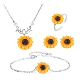 Set of 5 Sunflower Faux Pearl Leaf Chain Resin Boho Petal Pendant Necklace with Sunflower Bracelet Earrings Ring for Women Jewelry Accessories (Silver)