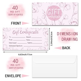 Doodlream 40 Sets Gift Certificate for Business, Blank Gift Cards Certificates with Envelopes, 17 x 8.5 cm Pink Flower Cards Vouchers for Holiday, Birthday, Restaurant, Spa Makeup Salon