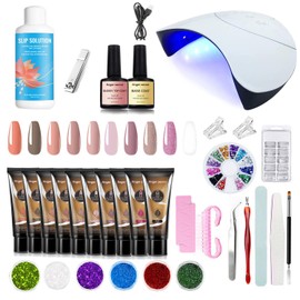 Poly Extension Gel Nail Kit - Professional Nail Gel Set with Slip Solution and Lamp Nail Art Design Beginner,All-in-One French Kit,Nail Thickening Solution (Package 8)