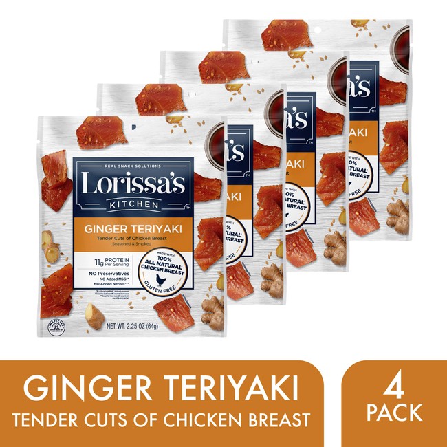Lorissa's Kitchen Premium Chicken Cuts, Ginger Teriyaki, 2.25 Ounce, 4 Count - Premium Chicken Meat Snacks with No Added Nitrites/Nitrates - Keto Friendly Snacks, Gluten Free (Packaging May Vary)