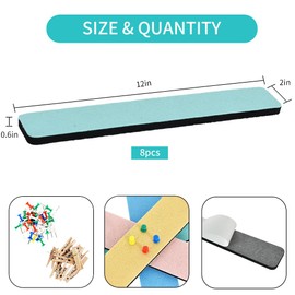 Vuzvuv 8 pcs Bulletin Board Bar Strips with 50 Pushpins & 10 Wooden Clip pins，Self Adhesive Cork Board for Wall，Felt Pin Board for School，Office Decor(Cream Multi-Color)