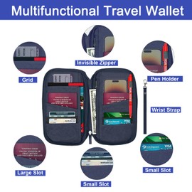 Passport Holder Travel Wallet, Large Capacity Travel Document Holder, RFID Blocking Waterproof Portable Travel Wallet Organiser for Cash Passport ID Card Credit Cards Flight Ticket Pen (25.5*15*2cm)