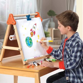 Discovery Kids 3-in-1 Tabletop Dry Erase Chalkboard Painting Art Easel, Includes Paper Roll and Oversized Clip, 17 x 15 Inch Wood Frame, Perfect for Children 3+ | Foldable/Portable for Countertop Play