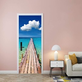 KACOLOR 3D Stairs to The Ocean Art Door Sticker for Bedroom Livingroom Bathroom, 2PCS Wall Decal Self-Adhesive Waterproof Removable Door Murals Wallpaper Home Decoration