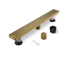 HTOH Gold Shower Drain, 36 Inch Linear Shower Drain with Removable Square Hole Cover Grate, Bathroom Modern 304 Stainless Steel Brushed Gold Shower Floor Drain with Adjustable Feet,Hair Strainer