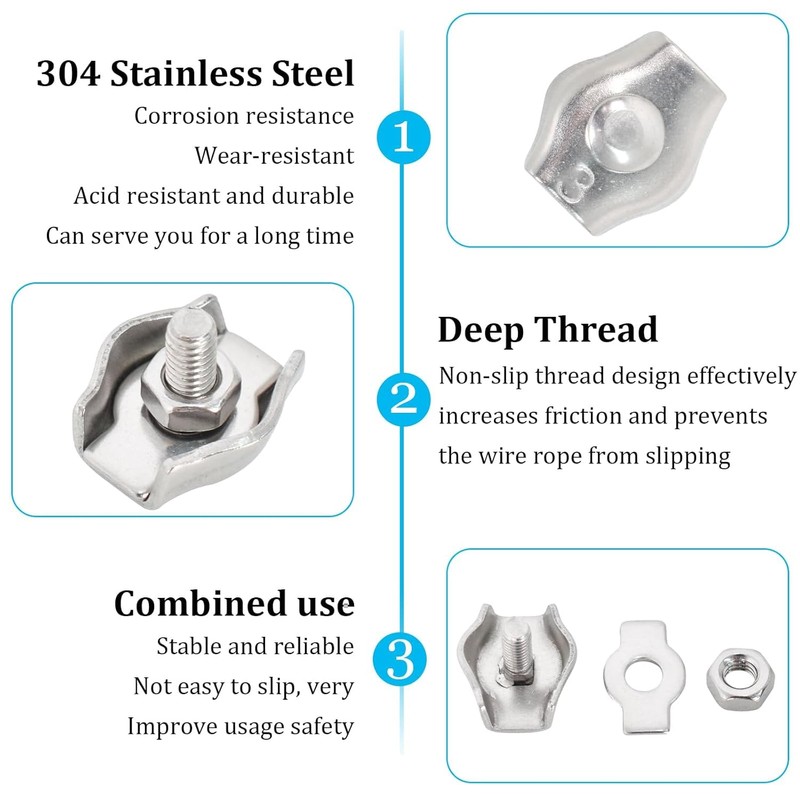 TOP-VIGOR 24Pcs M2 Simplex Bolt Wire Rope Clip, 304 Stainless