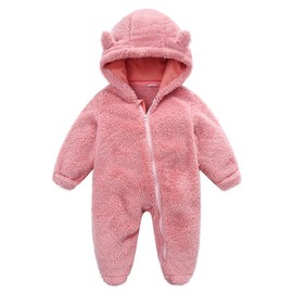 MAHUAOYIXI Toddler Baby Romper Infant Baby Boys Girls Long Sleeve Footies Hooded Zipper Closure Bear Ear Snowsuit Winter Fuzzy Jumpsuit for Baby Boys Girls Clothes (Pink, 6-9 Months)