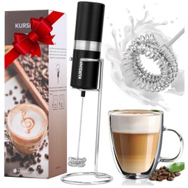 KURSINNA Powerful Milk Frother Handheld Battery Operated, Double Whisk Foam Frother Maker with Stainless Steel Stand, Drink Mixer For Coffee, Lattes, Matcha, Cappuccino (13000RPM Battery Operated)
