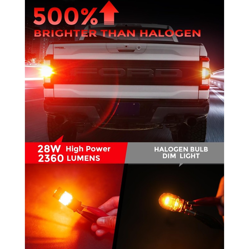 7443 W21/5W Red LED Brake Tail Light Bulbs, No Hyper