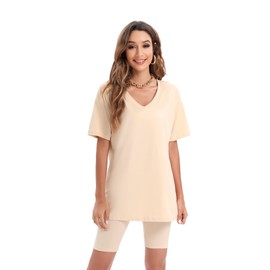 Conjunto de dos piezas para mujer, de verano, casual, cuello en V, camiseta de gran tamaño, conjunto de pantalones cortos de motociclista, Caqui, XX-Large