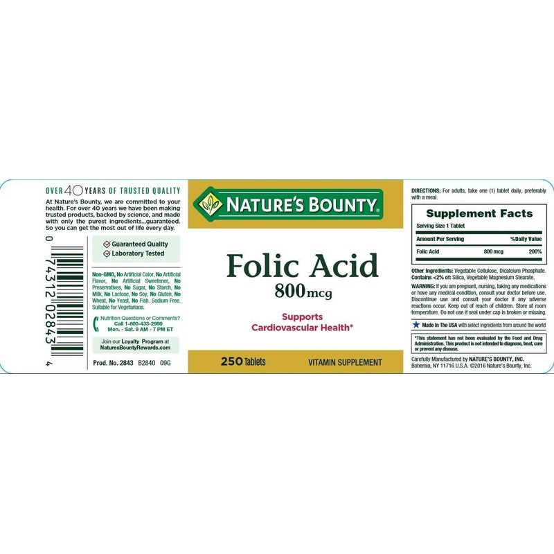 Nature's Bounty Folic Acid 800 mcg Tablets Cardiovascular Health 250
