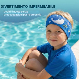 RVYEIOP Fascia Nuoto Bambini e Ragazzi in Neoprene, Protezione Orecchie Piscina Regolabile con Simpatica Balena, Fascia Capelli Impermeabile per Nuoto, Mare e Doccia, Blu, 58x8cm
