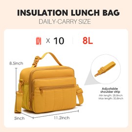NOL Lunch Bag for Women, 8L Quilted Cooler Tote – Lightweight, Waterproof, Reusable Puffy Lunch Box for Work & Office, Earth-yellow