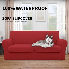 Easy-Going 100% Dual Waterproof 3 Pieces Oversized Loveseat Cover Stretch Soft Couch Cover for Dogs, Sofa Slipcover for 2 Separate Cushion Couch Leakproof Furniture Protector for Kids Christmas Red