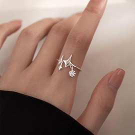 Cute CZ Star Promise Stackable Ring for Women Silver Plated Crystal Stars Adjustable Statement Wrap Finger Band Rings Eternity Fashion Wedding Engagement Christmas Dainty Jewelry