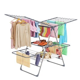 Clothes Drying Rack, Foldable 2-Level Laundry Racks for Drying Clothes Rack,Stainless Steel Drying Rack Clothing Collapsible for Indoor Outdoor,with Height-Adjustable Wings,33 Drying Rails,Gray