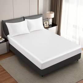 HommxJF Silk Satin White Queen Fitted Sheet Only, Deep Pocket Fitted Sheet Only, Breathable, Non- Fading, Fully Elasticized Bed Sheets Sold Separately