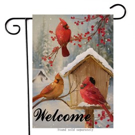 Artofy Welcome Winter Cardinal Red Birds Home Decorative Garden Yard Flag, Birdhouse Berries Tree Branches Outside Decor, Christmas Snow Farmhouse Outdoor Small Seasonal Decoration Double Sided 12x18