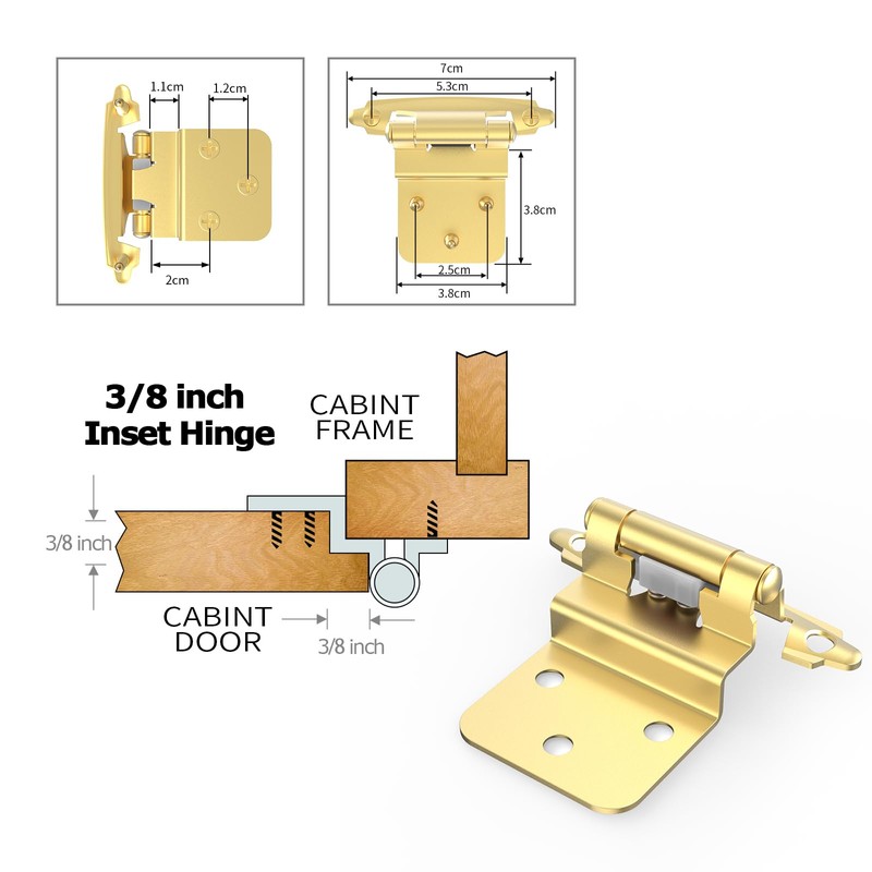 Chibery 10 Pack 3/8 inch Inset Gold Cabinet Hinges, Semi-Concealed