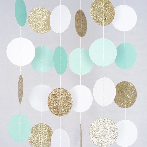Chloe Elizabeth Circle Dots Paper Garland (10 Feet Long) - Mint, White, Gold Glitter
