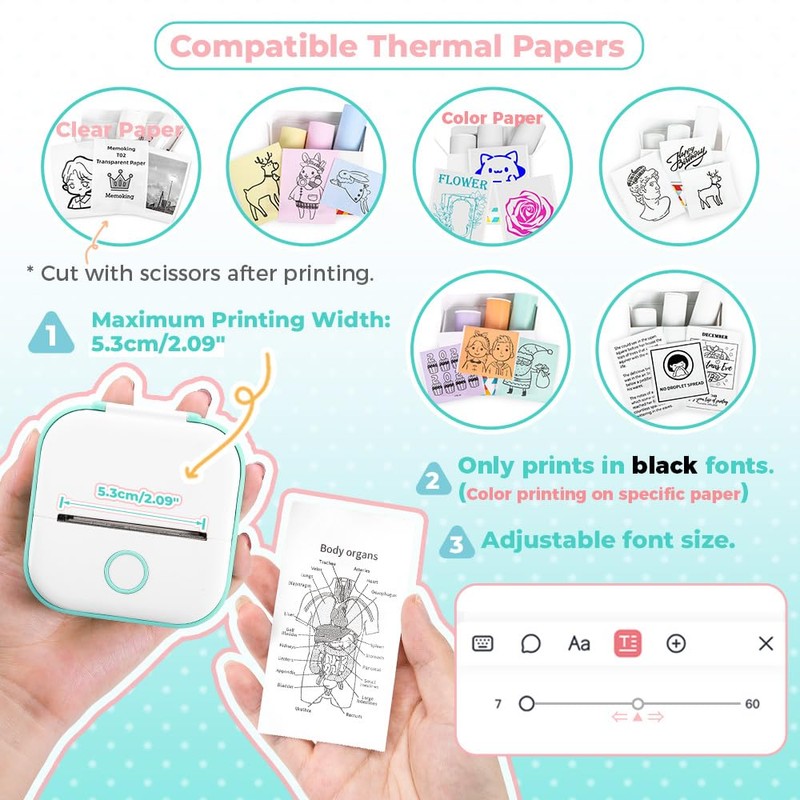 Memoking Mini Pocket Printer - T02 203dpi Bluetooth Thermal Printer,
