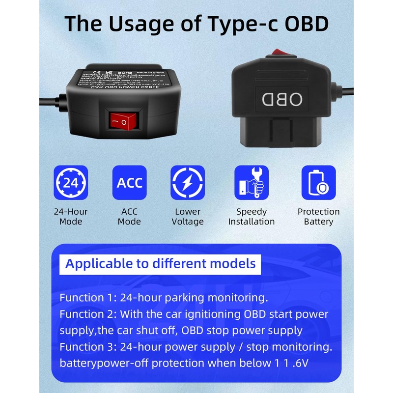 YANBORONSN OBD Power Cable for Dash Camera, OBD2 to Type