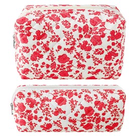 ZLFSRQ 2Pcs Floral Pencil Case Cute Pencil Pouch for Teens Hot Pink Quilted Makeup Bag Small Cosmetic Bag Preppy Pen Bags Aesthetic Toiletry Bags Makeup Pouch for Purse Zipper Skincare Organizer