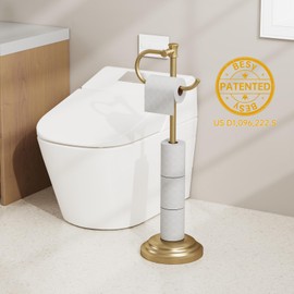 BESy Toilet Paper Holder Free Standing Bathroom Toilet Tissue Holder Stand for Floor Toilet Paper Roll Holder with Storage Hardware Accessories Rack Hand Towel Bar Brushed Gold Stainless Steel