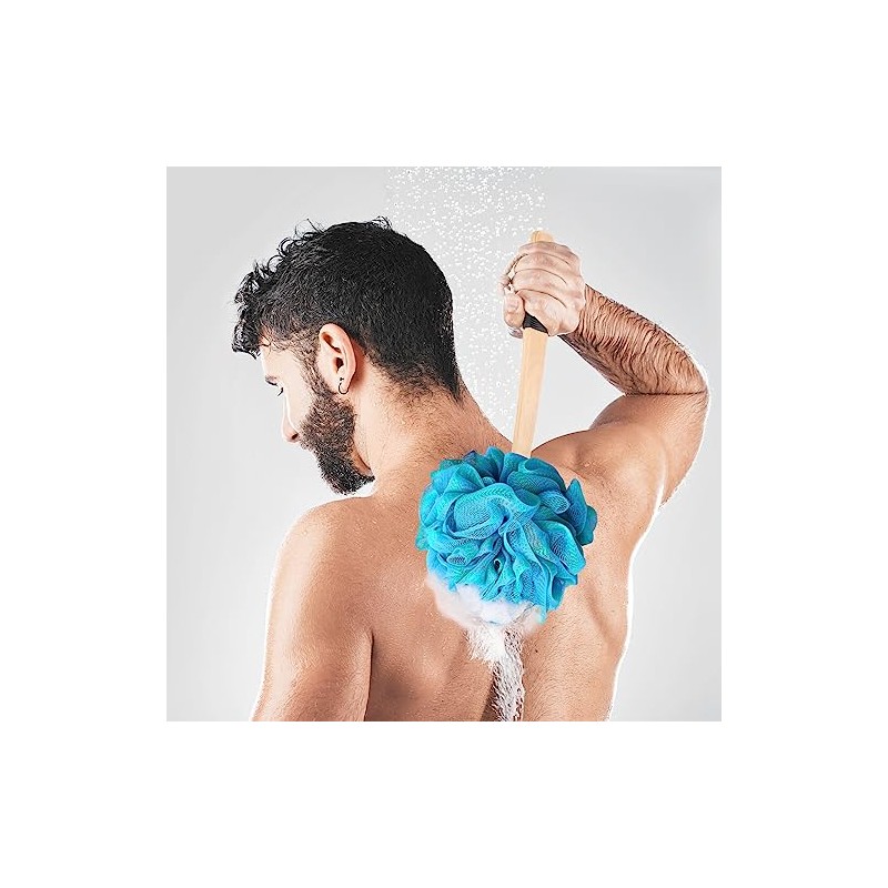Forenee Loofah Stick Malla Suave Luffa Mango Madera Antideslizante Hecho