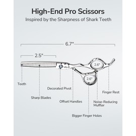 ULG Hair Thinning Scissors 6.7” Shark Series 100% Japanese Stainless Steel, Offset Handle, 30 V-Tooth Thinner 25% Hair Removal, Professional Barber Layering Shears for Salon & Home Hair Styling