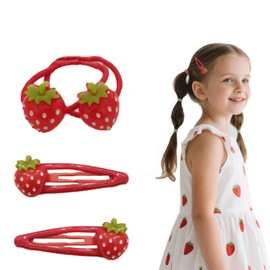 4Pcs Strawberry Red Metal Snap Hair Clips and Hair Ties Set for Baby Girls,Sweet Fruit Hair-Barrettes Hairpins Cute Strawberry HairAccessories for Little Girls Toddlers Kids and Teens Gifts