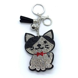 Unbranded Bling Cat Kitty Black Diamond  Keychain Glitter Silver Tassel Charm Accessory