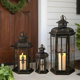 JHY DESIGN Set of 3 Decorative Candle Lanterns 20''&14"&10" H Outdoor Candle Lanterns Vintage Metal Cand leholder for Indoor Outdoor, Events, Parities and Weddings(Black with Gold Brush)