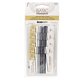 The Beadsmith - Basic Elements Pure Silk Cord – Black Color – Size 2 (0.45mm) – 2 Meters per Card, 5 Cards per Package, Needle Attached – for Knotting Pearls, Gemstones, Crystals and Beads