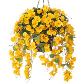 Artificial Fake Hanging Hibiscus Flowers Plants Baskets for Outdoor Outside Spring Summer Decoration, Faux Silk Hibiscus Long Vines in Planter UV Resistant Realistic Flowers (Yellow)
