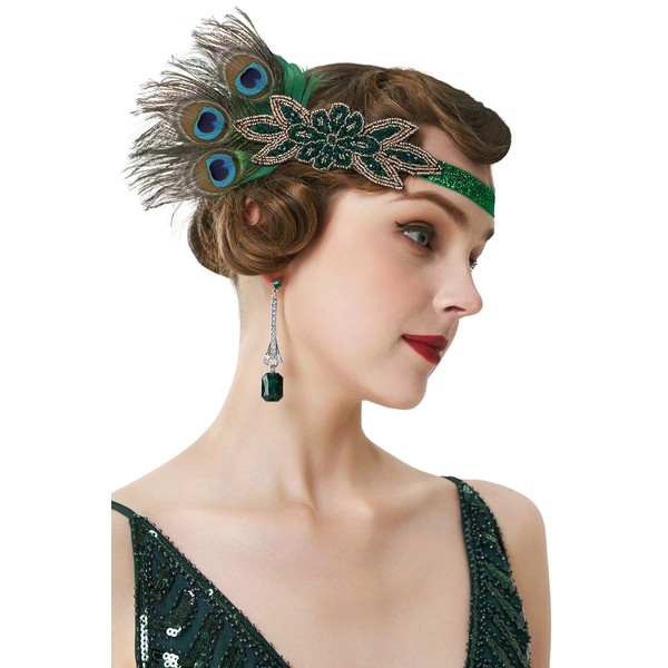 BABEYOND 1920s Headpiece Vintage 1920s Headband Crystal Headband Flapper Headpiece with Crystal Great Gatsby Costume Accessories Roaring 20's Accessories (Gold Black with Feather)