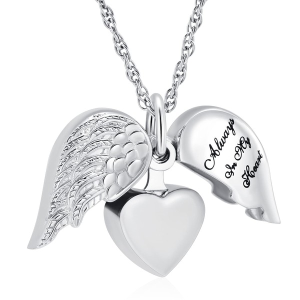 shajwo Cremation Jewelry Angel Wing Heart Urn Necklaces for Ashes for Women Men Keepsake Memorial Ashes Pendant,Silver