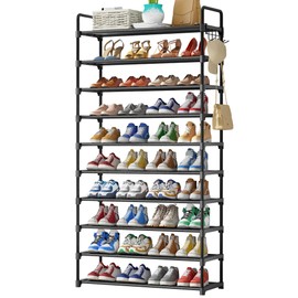 Kitsure Shoe Rack for Closet - 10-Tier Shoe Organizer with Hook Rack, Large-Capacity & Space-Saving Shoe Shelf for Entryway, Bedroom, Living Room,34.3"x11.8"x68.5", Black